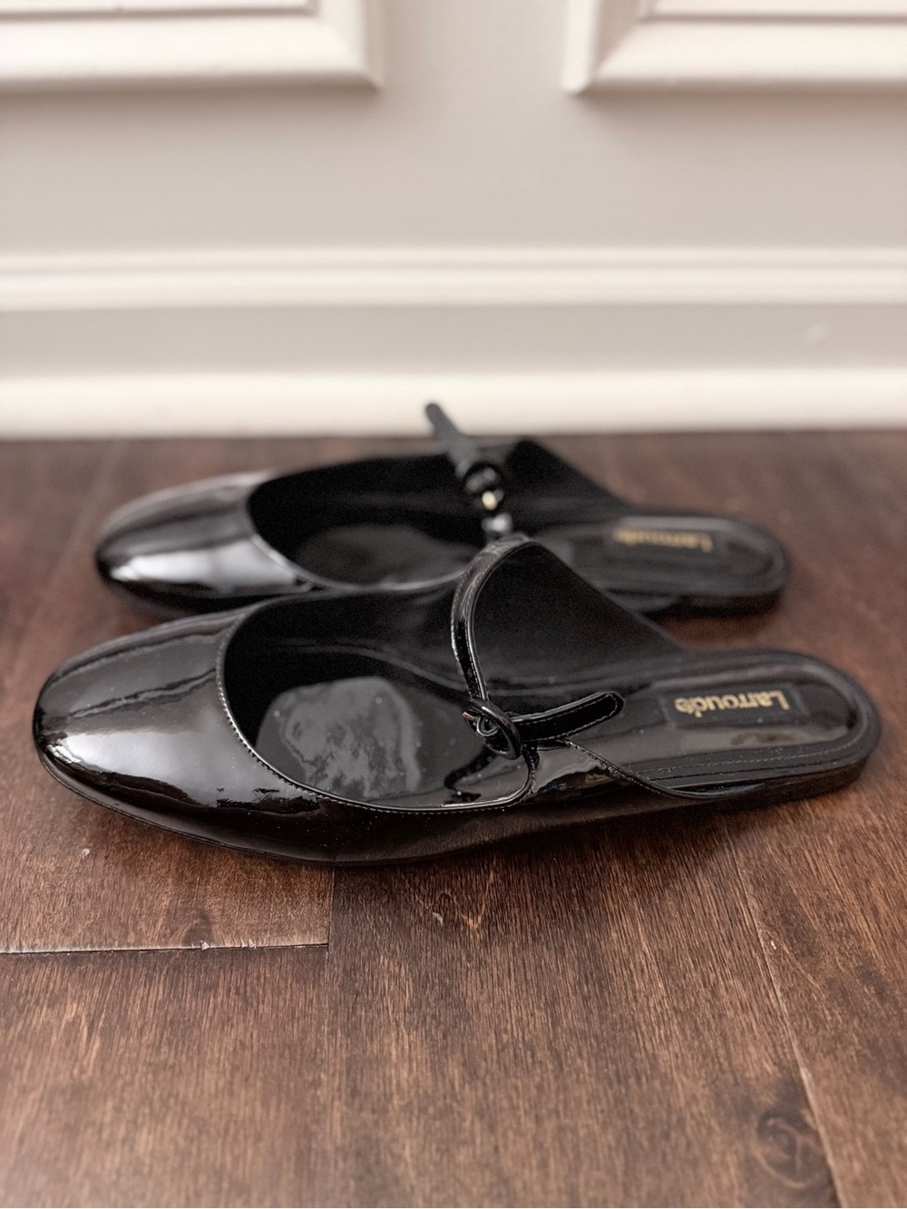Larroude Blair Black Patent Leather Flat Mule 10